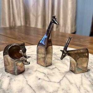 3pc VTG 80s Dansk Gunnar Cyren Silver Zoo Paperweight Elephant Giraffe Antelope